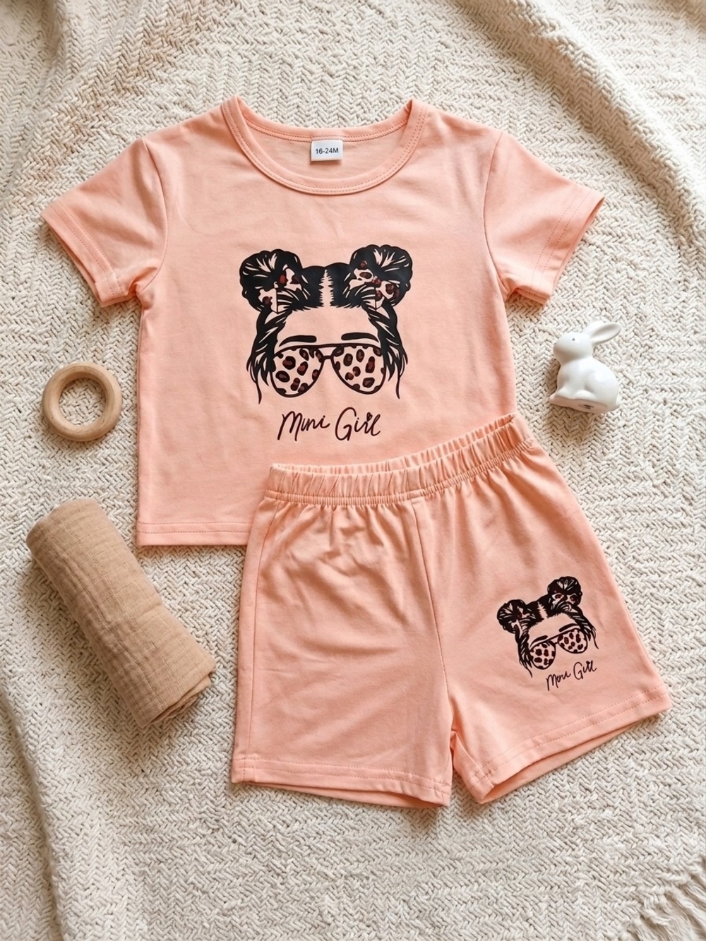 Peach 'Mini Girl' Kids Set - Short Sleeve Top & Shorts